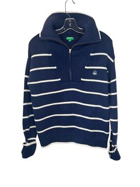 Benetton Navy White Stripe quarter-zip cotton Sweater size Small coastal preppy